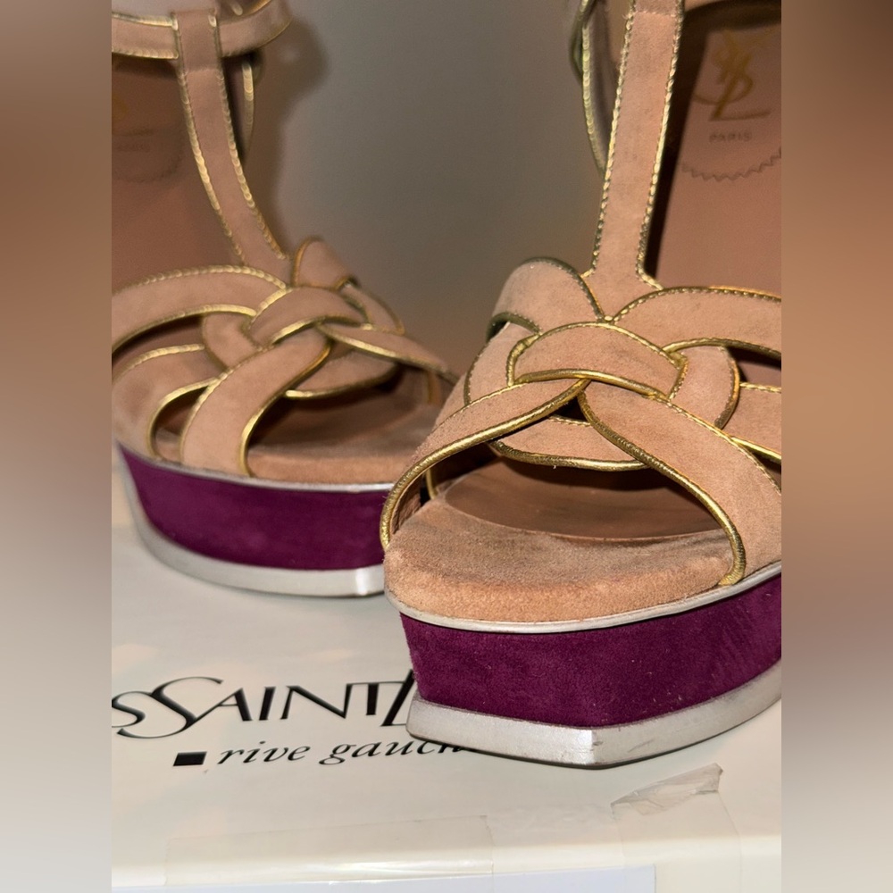 Yves Saint Laurent Tribute 105 Sandals —Tan and Purple Platform Heels